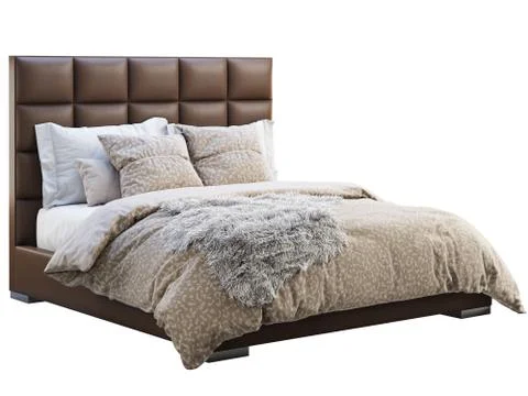 Chalet brown leather frame double bed with bed linen and pelt. 3d render Stock Illustration