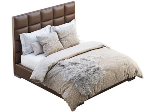 Chalet brown leather frame double bed with bed linen and pelt. 3d render Stock Illustration