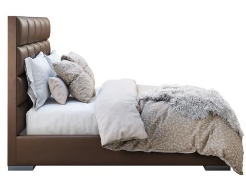 Chalet brown leather frame double bed with bed linen and pelt. 3d render Stock Illustration