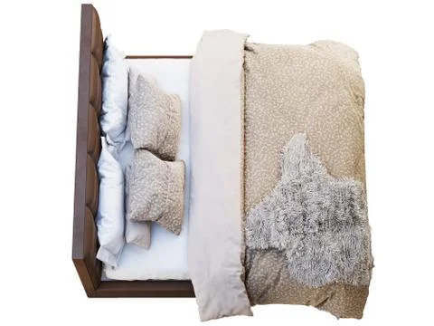 Chalet brown leather frame double bed with bed linen and pelt. 3d render Stock Illustration