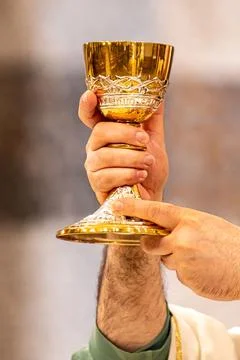 Chalice of wine during the eucharistic rite of the holy mass 스톡 사진