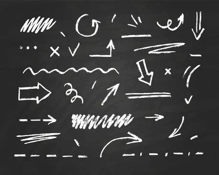 Chalk arrow, dashed line, underlined, squiggles white outline vector set, crayon Stock Illustration
