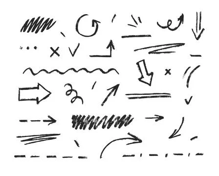Chalk arrow, dashed line, underlined, squiggles black outline vector set, crayon イラスト素材
