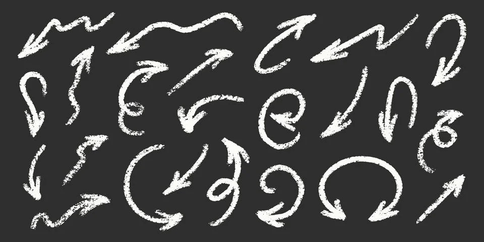 Chalk Arrows Squiggle Blackboard Vector Set. Crayon Scribble Pointer Shapes Stock Illustration