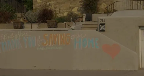 Chalk art thanking firefighters during Thomas Fire in Ventura CA Dec 2017 Stock Footage 83403202