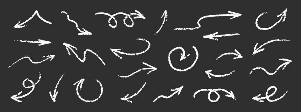 Chalk Blackboard Arrows Squiggle Vector Set. Crayon Scribble Pointer Shapes Stock Illustration