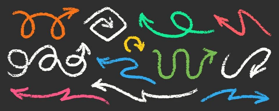 Chalk Blackboard Arrows Squiggle Vector Set. Crayon Scribble Pointer Shapes Stock Illustration