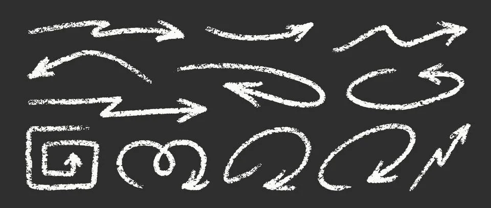 Chalk Blackboard Arrows Squiggle Vector Set. Crayon Scribble Pointer Shapes Stockillustratie