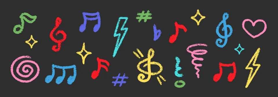 Chalk Blackboard Musical Notes Vector Set Crayon Scribble Music Symbol Shapes Illustrazione stock