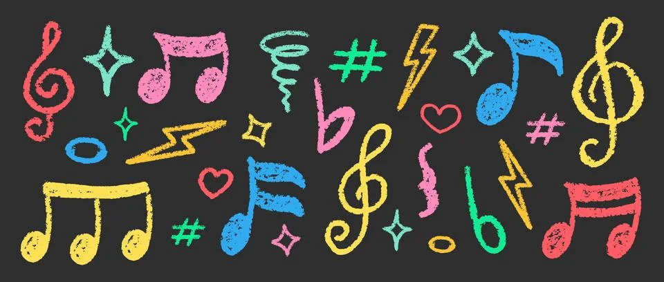 Chalk Blackboard Musical Notes Vector Set Crayon Scribble Music Symbol Shapes Stock Illustration