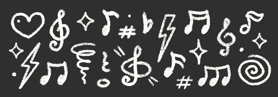 Chalk Blackboard Musical Notes Vector Set. Crayon Scribble Music Symbol Shapes Stock Illustration