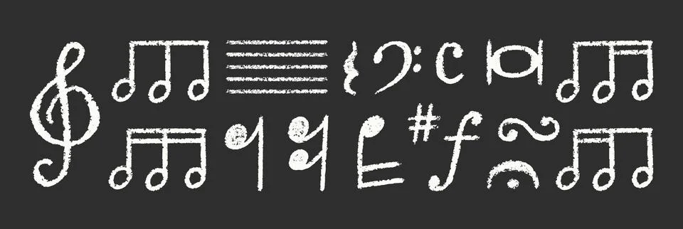 Chalk Blackboard Musical Notes Vector Set Crayon Scribble Music Symbol Shapes Illustrazione stock