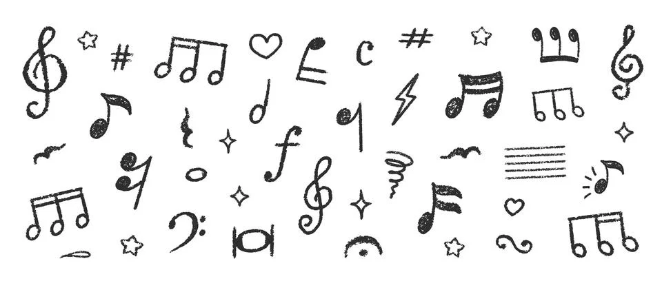 Chalk Blackboard Musical Notes Vector Set. Crayon Scribble Music Symbol Shapes イラスト素材
