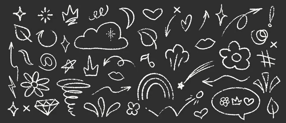 Chalk Blackboard Squiggles Vector Set. Crayon Pencil Scribble Graffiti Shapes Stock Illustration