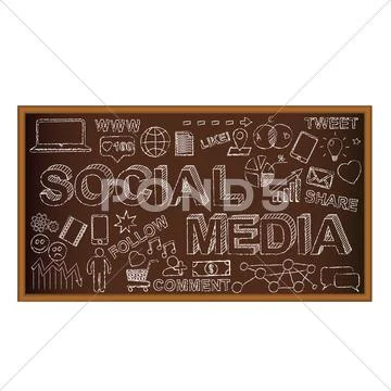 Chalk board doodle with symbols and social media icons. Vector illustration. Stock Illustrationen