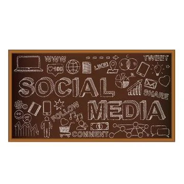 Chalk board doodle with symbols and social media icons. Vector illustration. Stock Illustration