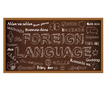 Chalk board doodle with symbols on foreign languages. Vector illustration. Stock Illustration