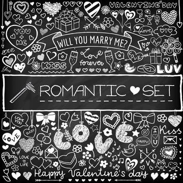 Chalk board romantic doodle set Stock Illustration
