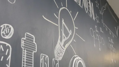 Chalk board wall , with creativity and mathematical formulas written on it. Stock Footage