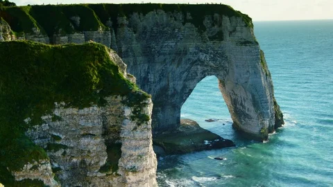 Chalk cliffs at Cote d'Albatre. Etretat, France, Normandy, time lapse, 4k Видео 113862656
