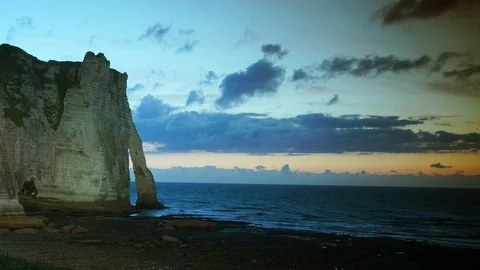Chalk cliffs at Cote d'Albatre. Etretat, France, Normandy, time lapse, 4k Видео 113862729
