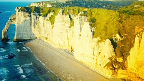 Chalk cliffs at Cote d'Albatre. Etretat, France, Normandy, time lapse, 4k Видео 113862744