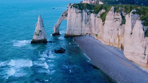 Chalk cliffs at Cote d'Albatre. Etretat, France, Normandy, time lapse, 4k Видео 113862773