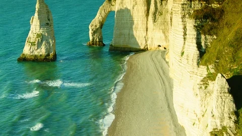 Chalk cliffs at Cote d'Albatre. Etretat, France, Normandy, time lapse, 4k Видео 113862822