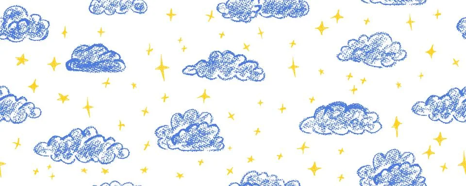 Chalk clouds seamless pattern. Midnight sky abstract background with magic stars Stockillustratie
