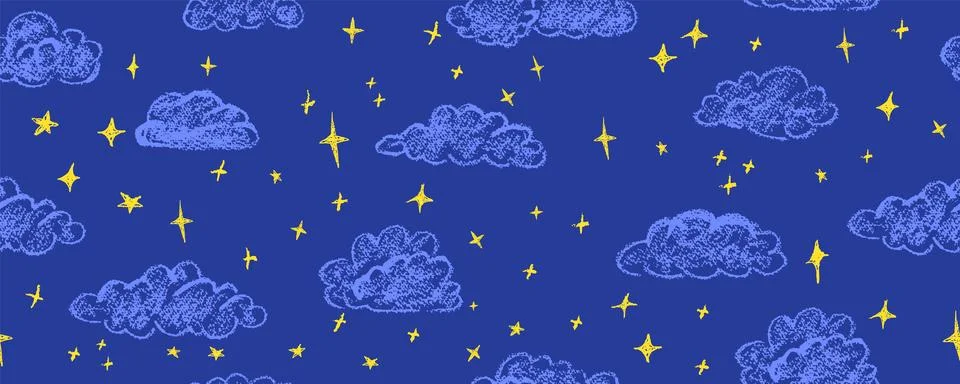 Chalk clouds seamless pattern. Midnight sky abstract background with magic stars Stock Illustration