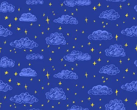 Chalk clouds seamless pattern. Midnight sky abstract background with magic stars Illustrazione stock