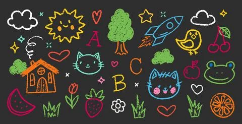 Chalk Colorful Kindergarten Squiggles Vector Set. Crayon Pencil Scribble Spring Stock Illustration
