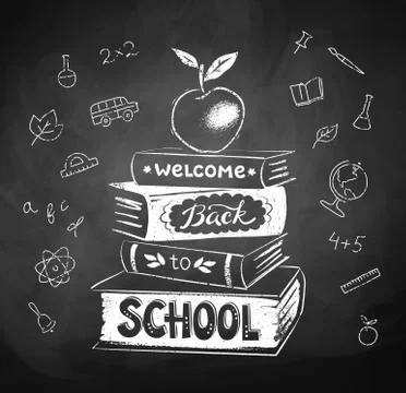 Chalk drawing of apple on stack of books Stock Illustration