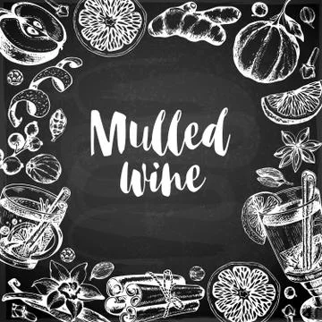 Chalk drawing background with mulled wine and spices. Illustrazione stock