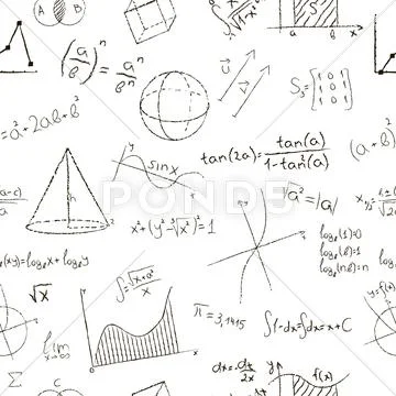 Chalk drawing effect. Math formulas and graphs on white background. Seamless Stock Illustration