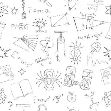 Chalk drawing effect. Physics formulas, lab elements and experiments on white Illustrazione stock