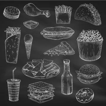 Chalk drawing of fast food on blackboard Stock Illustration