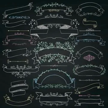 Chalk Drawing Floral Design Elements, Ribbons, Banners Stockillustratie