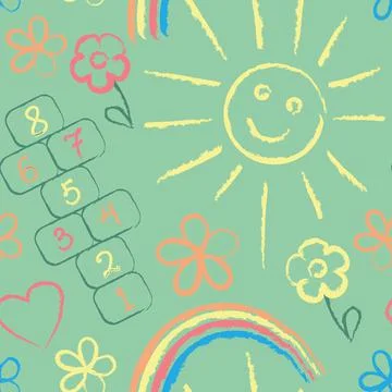 Chalk Drawing on Green Background Seamless Pattern Stock Illustration