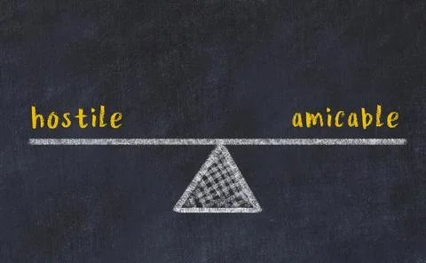 Chalk drawing of scales with words hostile and amicable on black board. Conce 写真素材