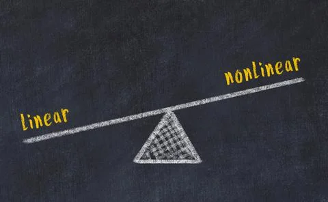 Chalk drawing of scales with words linear and nonlinear on black board. Conce Stock Illustration