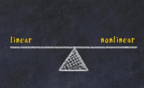 Chalk drawing of scales with words linear and nonlinear on black board. Conce Stock Illustration