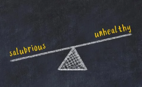 Chalk drawing of scales with words salubrious and unhealthy on black board. C Stock Photos