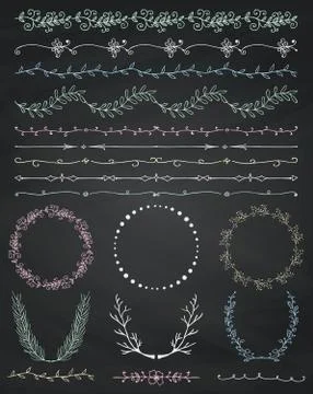 Chalk Drawing Seamless Borders, Frames, Dividers, Branches Stock Illustration