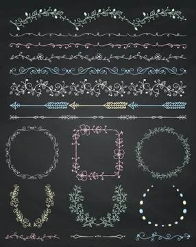 Chalk Drawing Seamless Borders, Frames, Dividers, Branches Stock Illustration