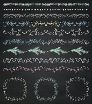 Chalk Drawing Seamless Borders, Frames, Dividers, Branches Stock Illustration