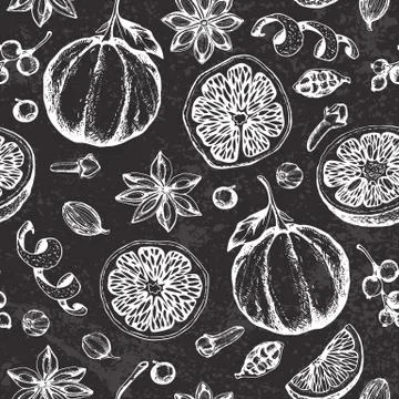 Chalk drawing seamless pattern with fruit and spices Stock Illustration