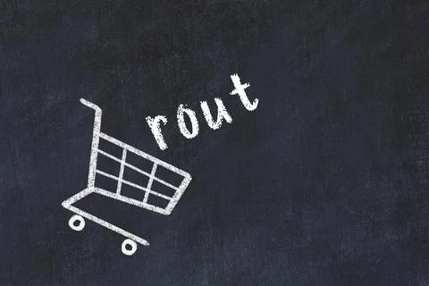 Chalk drawing of shopping cart and word rout on black chalboard. Concept of g Stock Illustration
