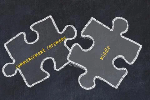 Chalk drawing of two puzzles with words commencement ceremony and middle. Con Stock Illustration