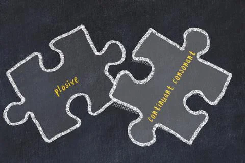 Chalk drawing of two puzzles with words plosive and continuant consonant. Con 스톡 일러스트